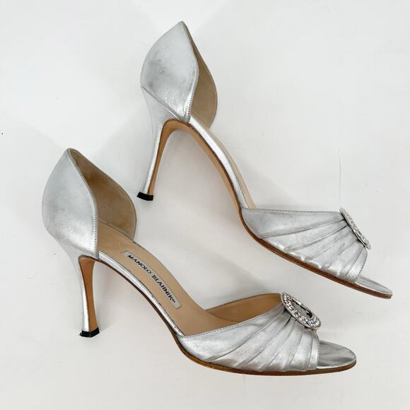 Vintage Manolo Blahnik Silver Leather y2k Sedaraby Crystal D’Orsay Heels IT 41.5 - Picture 5 of 15